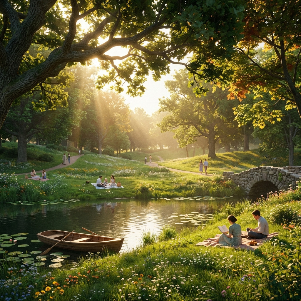 Peaceful nature park with green spaces and walking paths